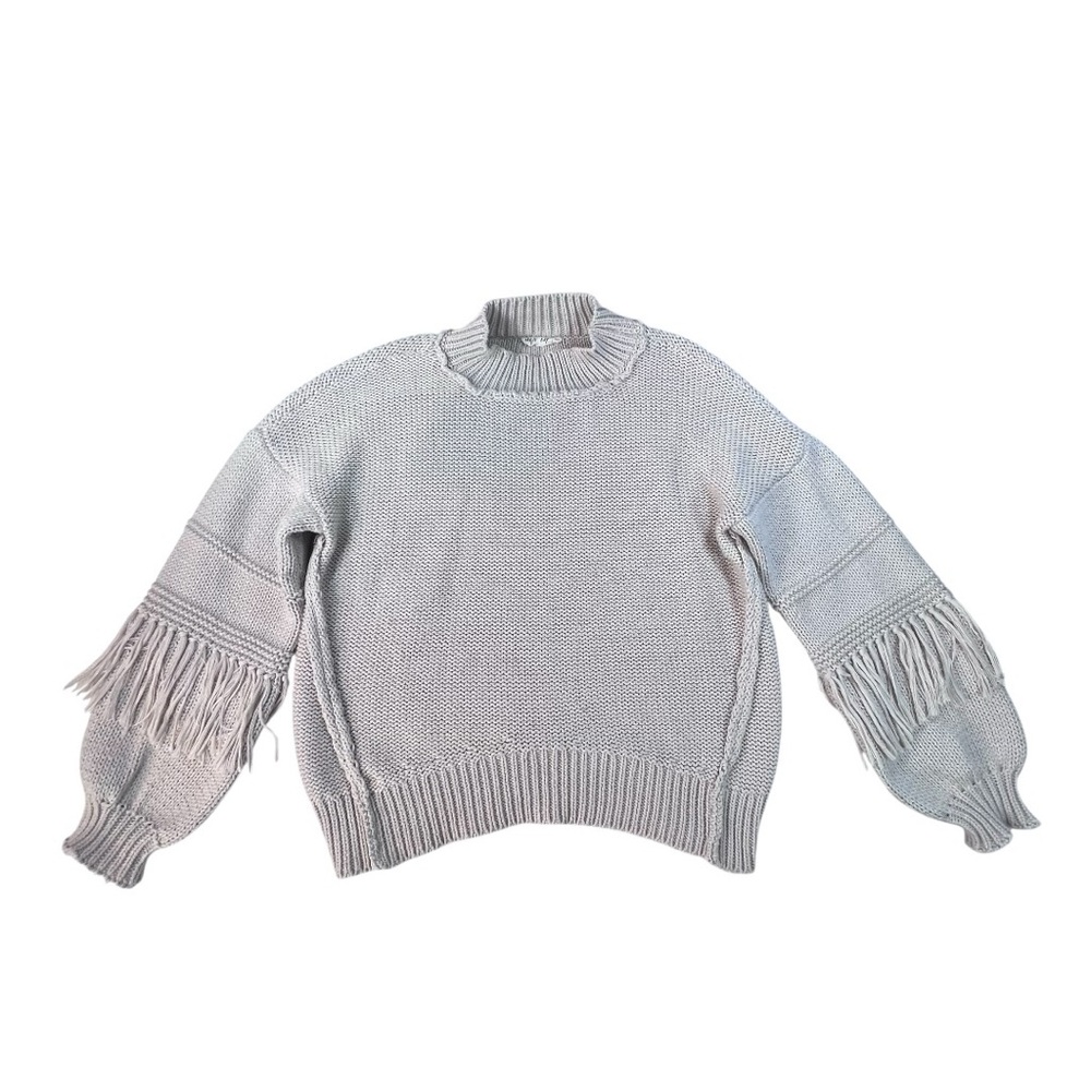 New In Cream Chunky Knit Fringe Sleeve Mock Neck Sweater Balloon Sleeve Size L